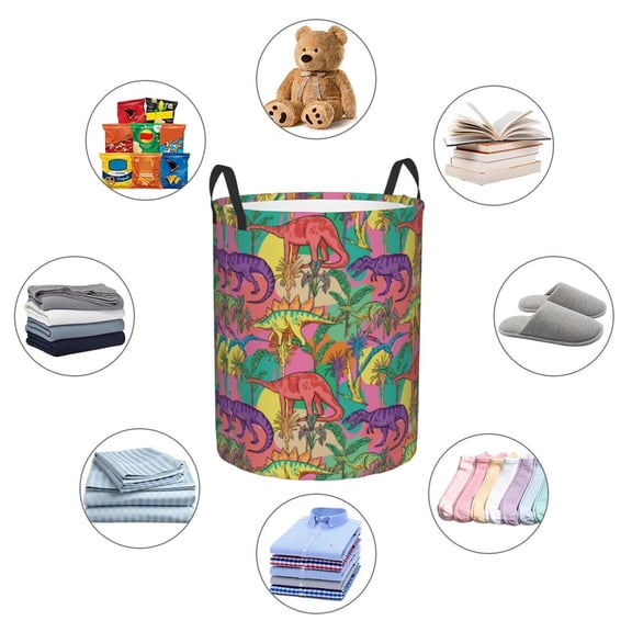 Picia Colorful Dinosaur Large Laundry Basket, Waterproof, Freestanding Laundry Hamper, Collapsible Tall Clothes Hamper with Extended Handles-Medium