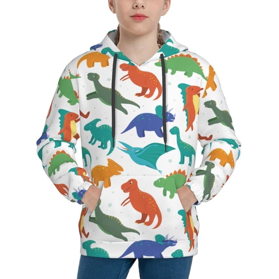 Picia Colorful Dinosaur Pattern Youth Hoodie - Warm Pullover Sweatshirt with Kangaroo Pocket, Ideal for Boys and Girls-Small