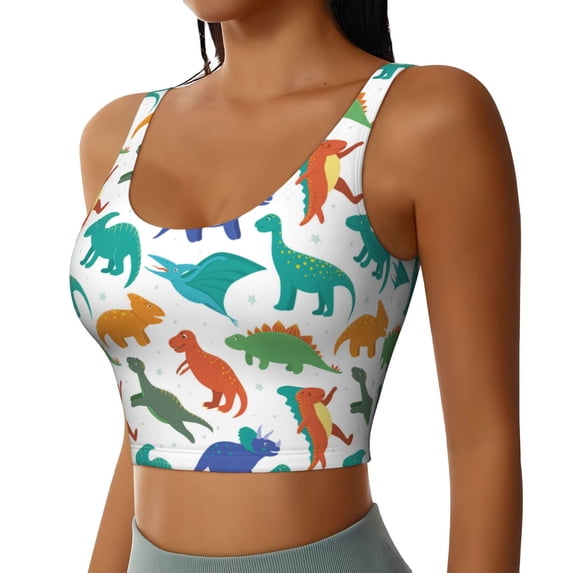 Picia Colorful Dinosaur Sports Bra for Women,Padded Strappy Sports Bras Medium Support Yoga Bra with Removable Cups,Running Yoga Bra-XX-Large