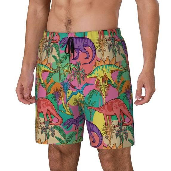 Picia Colorful Dinosaur pattern Mens Swim Trunks with Compression Liner Stretch Beach Shorts Quick Dry with Zipper Pockets No-Chafing Board Shorts-Small