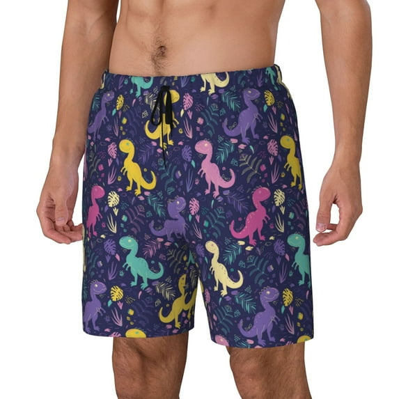 Picia Colorful Dinosaur pattern Mens Swim Trunks with Compression Liner Stretch Beach Shorts Quick Dry with Zipper Pockets No-Chafing Board Shorts-XX-Large