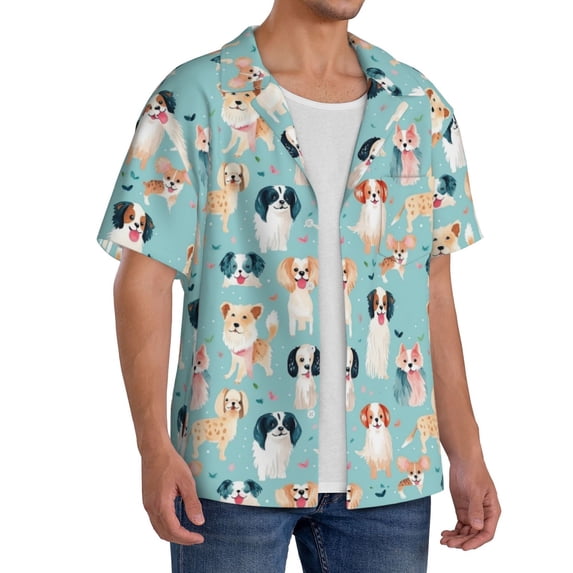 Picia Colorful Dog Men's Linen Shirts Short Sleeve Cuban Beach Shirts Casual Shirts Button Down Shirt for Men Beach Summer Wedding Shirt-Large