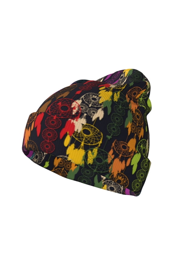 Colorful Dreamcatcher Pattern Knitted Beanie Hat for Men and Women , Unisex Winter Warm Stretchy Knit Cap Thick Fisherman Beanies Cuffed Plain Skull Caps