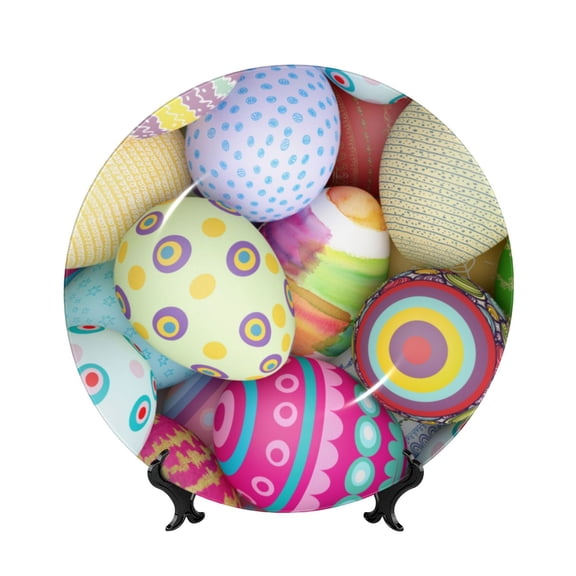 Picia Colorful Easter Eggs Pattern Bone China Decorative Plate – Wall Decor with Stand and Adhesive, Elegant Ornament for Living Room, Office, or Entryway-8in