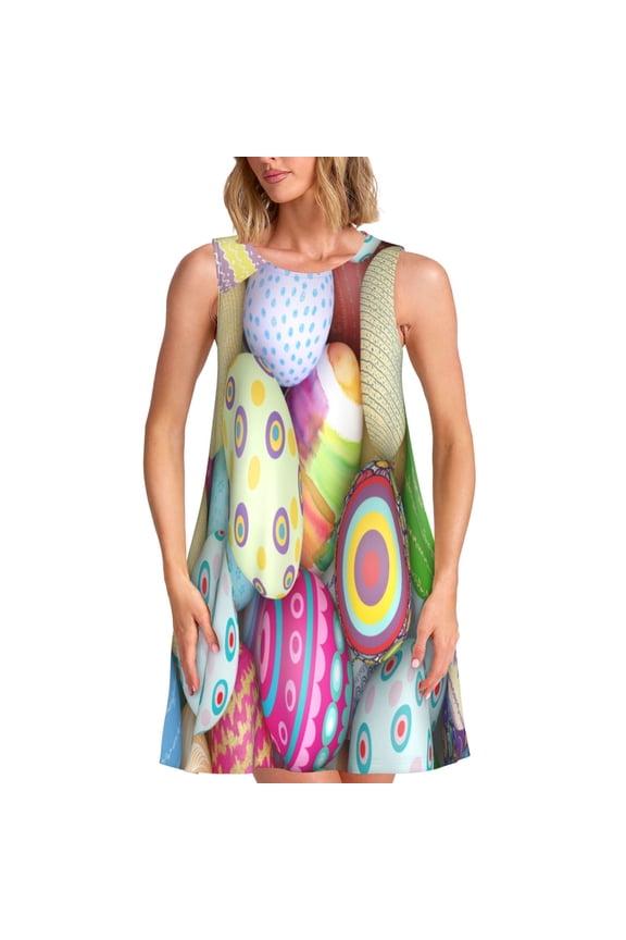 Colorful Easter Eggs Print Women’s Sleeveless Midi Swing Dress – A-Line Pleated Tank Sundress, Comfortable and Flowy T-Shirt Dress