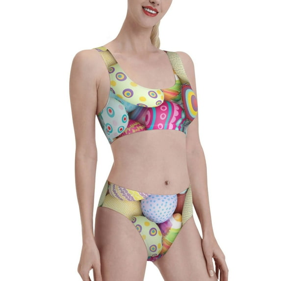 Picia Colorful Easter Eggs Women's High Waisted Bikini Scoop Neck Swimsuit Two Pieces Bathing Suit-Medium