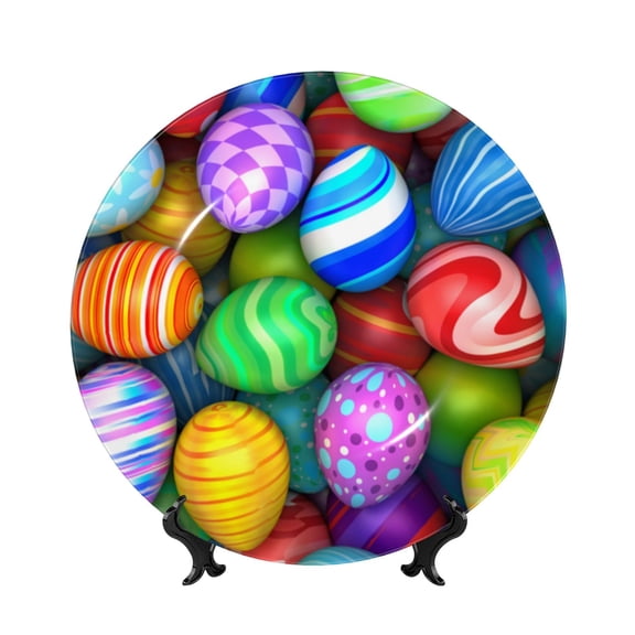 Picia Colorful Easter Eggs1 Pattern Bone China Decorative Plate – Wall Decor with Stand and Adhesive, Elegant Ornament for Living Room, Office, or Entryway-7in