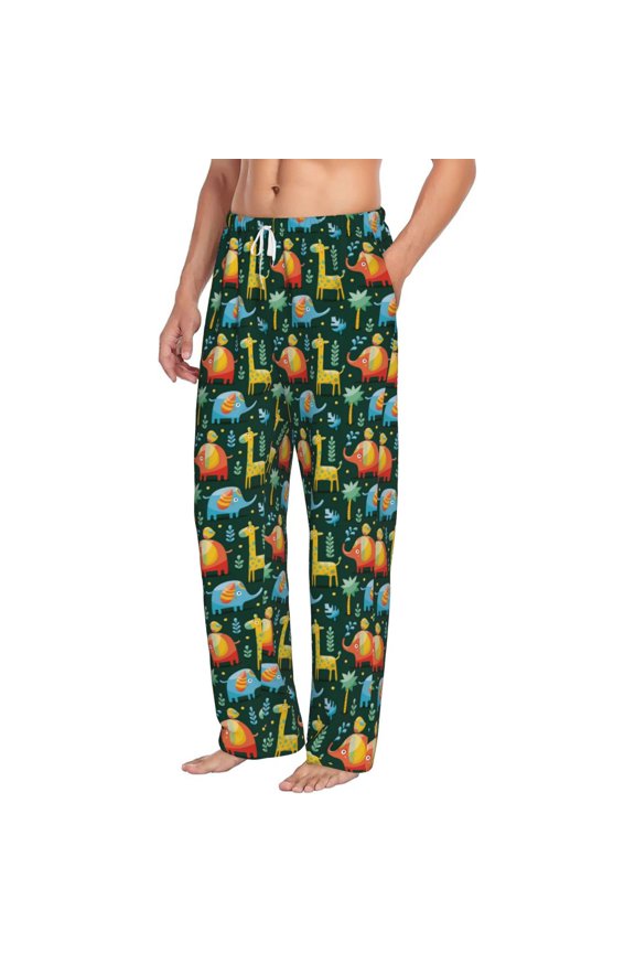 Colorful Elephants Mens Soft Woven Cotton Elastic Waistband Sleep Pajama Pant Lounge Sleep Pant With Pockets And Drawstring-Large