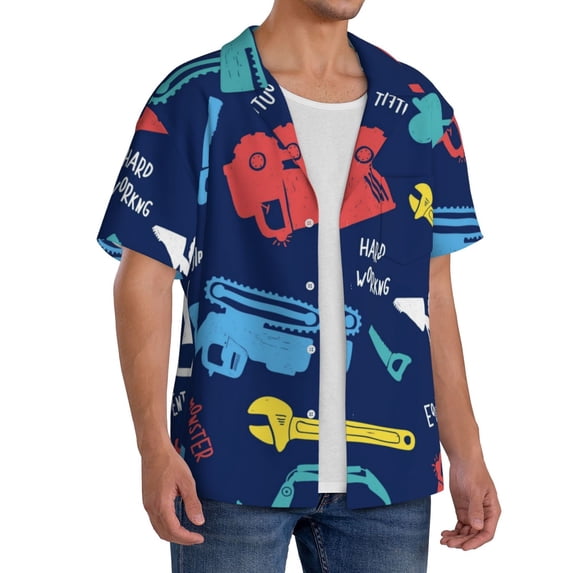 Picia Colorful Excavator Men's Linen Shirts Short Sleeve Cuban Beach Shirts Casual Shirts Button Down Shirt for Men Beach Summer Wedding Shirt-Medium