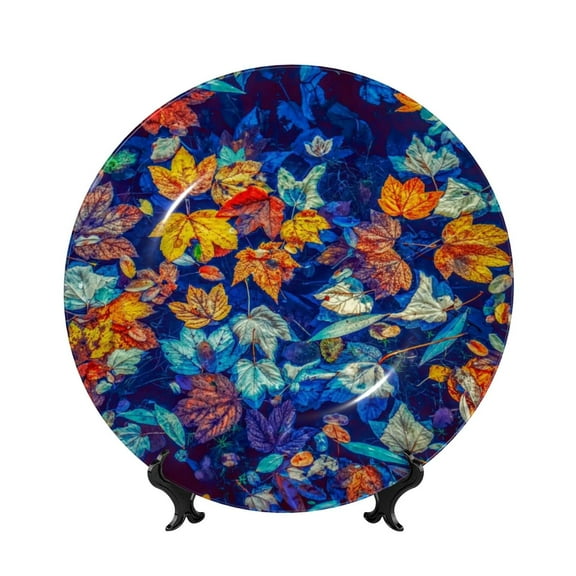Picia Colorful Fall Leaves Pattern Bone China Decorative Plate – Wall Decor with Stand and Adhesive, Elegant Ornament for Living Room, Office, or Entryway-6in