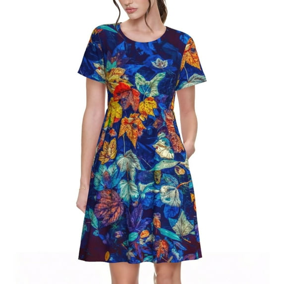 Picia Colorful Fall Leaves Pattern Women's Short Sleeve Summer Dress Pleated Loose Swing Knee Length Short Sleeve Swing Dresses
