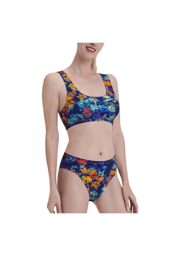 Colorful Fall Leaves Women's High Waisted Bikini Scoop Neck Swimsuit Two Pieces Bathing Suit-Medium