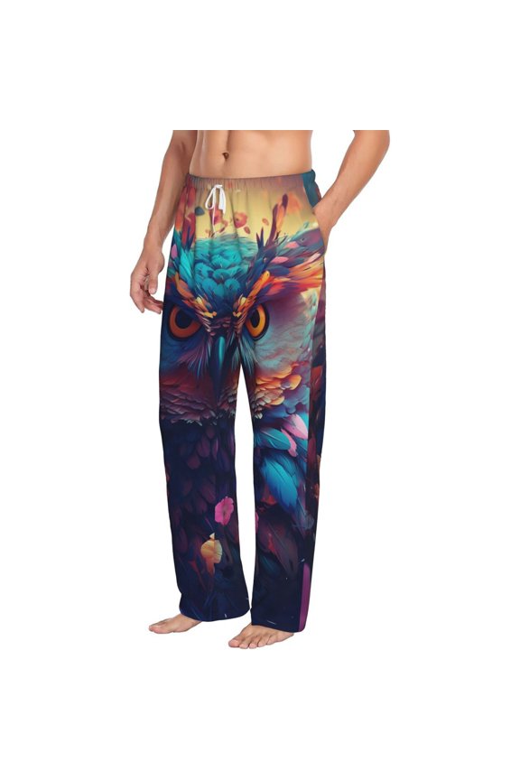 Colorful Feather Owl Mens Soft Woven Cotton Elastic Waistband Sleep Pajama Pant Lounge Sleep Pant With Pockets And Drawstring-Medium