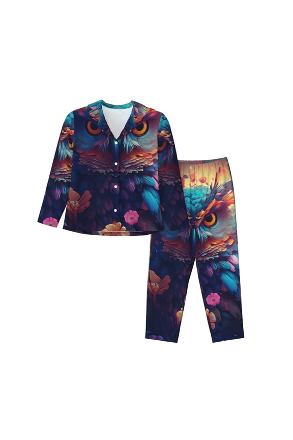 Colorful Feather Owl Pattern Women’s Long-Sleeve Sleepwear Set - Soft 2-Piece Loungewear with Pockets, Comfy PJs for Relaxing Nights-Large