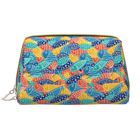 Picia Colorful Fish 1 Print Leather Makeup Bag Make Up Bag Travel Toiletry Bag for Her Girlfriend Teacher Teen Girl Gifts