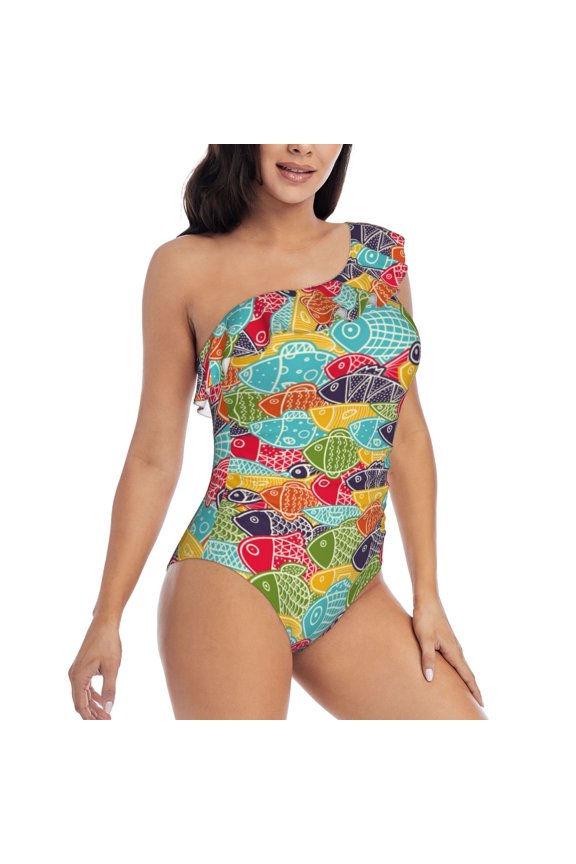 Colorful Fish 2 Pattern Women's One Piece Swimsuits,One Shoulder Swimwear Asymmetric ,Ruffle Monokinis Bathing Suits,High Waisted Flattering Bathing Suits-Medium