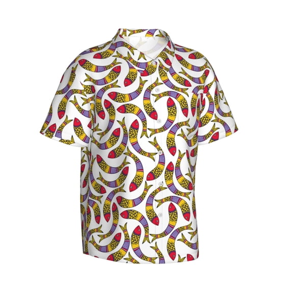 Picia Colorful Fishes Gentle Cotton Regular Fit Short Sleeve Casual Hawaiian Shirt for Men-Small