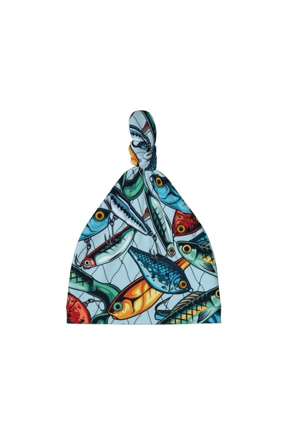 Colorful Fishing Baits Printed Preemie Hats for Baby Girls Cotton Premature Knot Hats Newborn Hospital Cap Warm Knot Beanie Nicu for Preemie Girls and Boys