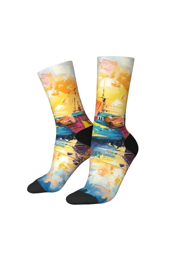 Colorful Fishing Boats Print Athletic Socks for Men & Women – Cushioned Moisture-Wicking Crew Socks for Sports, Running, and Training, Soft & Breathable Size 5-11