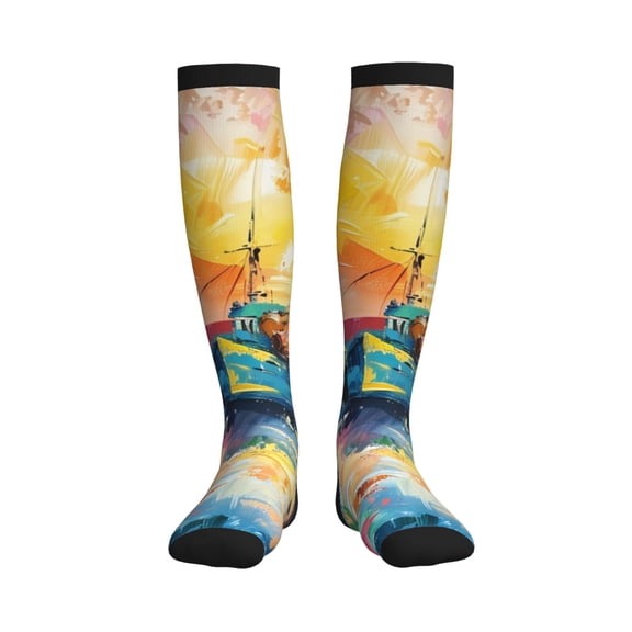 Picia Colorful Fishing Boats Printed Sports Compression Socks - 15-20mmHg Graduated Compression, High-Performance Soft and Breathable Socks for Men and Women