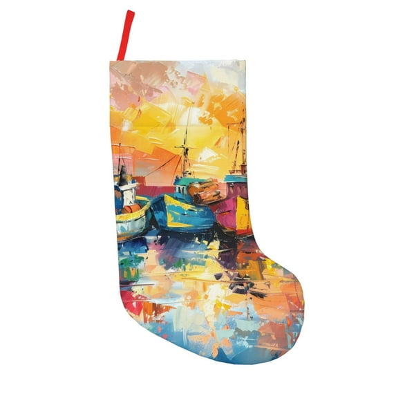 Picia Colorful Fishing Boats for 18in Christmas Stockings, Xmas Stocking for Kids, Holiday and Family Stocking for Fireplace or Party Decoration