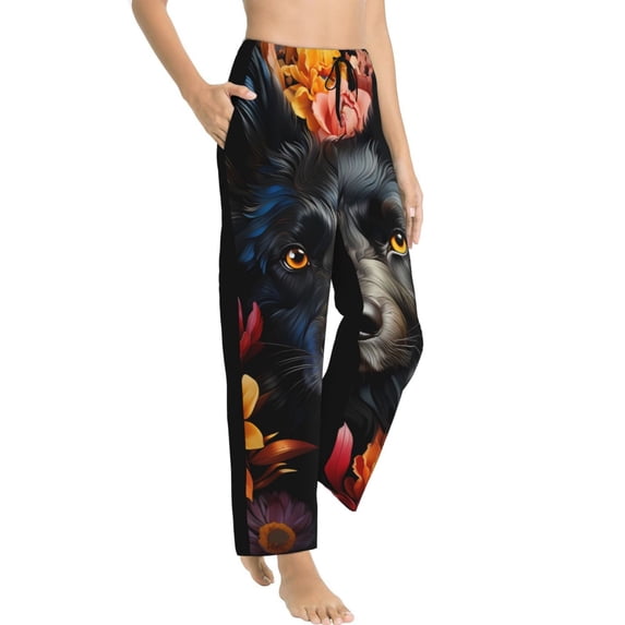Picia Colorful Floral Black Dog Womens Soft Woven Cotton Elastic Waistband Sleep Pajama Pant Lounge Sleep Pant With Pockets And Drawstring-X-Large