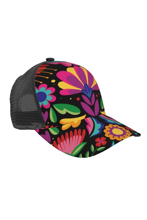Colorful Floral Embroidery Mexican Pattern Trucker Hat,Baseball Cap,Sun Protection Cap,Stylish Headwear,Leisure Cap,Outdoor Sports Cap