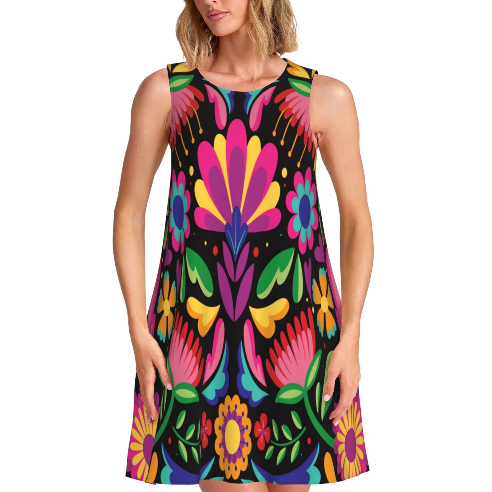 Picia Colorful Floral Embroidery Mexican Print Women's Sleeveless Midi  Swing Dress  A-Line Pleated Tank Sundress, Comfortable and Flowy T-Shirt  Dress - Walmart.com