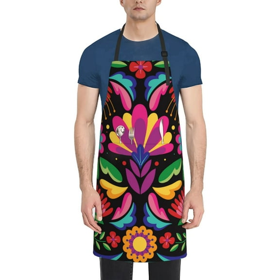 Picia Colorful Floral Embroidery Mexican Waterproof Apron for Unisex Adult - Adjustable Bib Apron with Pockets, Ideal for Cooking, Gardening, Painting, and Household Chores