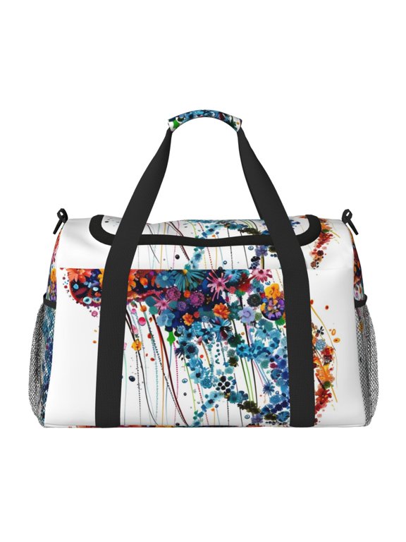 Colorful Floral Jellyfish Print Travel Duffle Bag,Weekender Bags for Women with Shoe Compartment, Gym Duffel Bag with Wet Pocket, Hospital Bags for Labor and Delivery