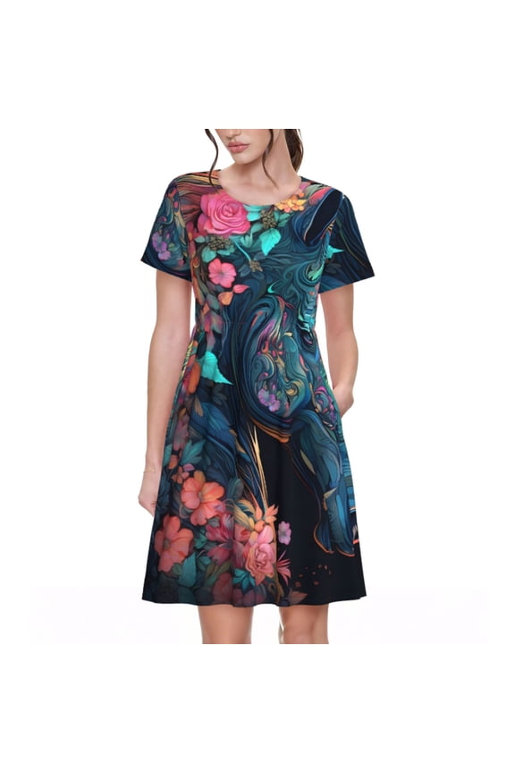 Colorful Floral Patterned Horse Pattern Women's Short Sleeve Summer Dress Pleated Loose Swing Knee Length Short Sleeve Swing Dresses