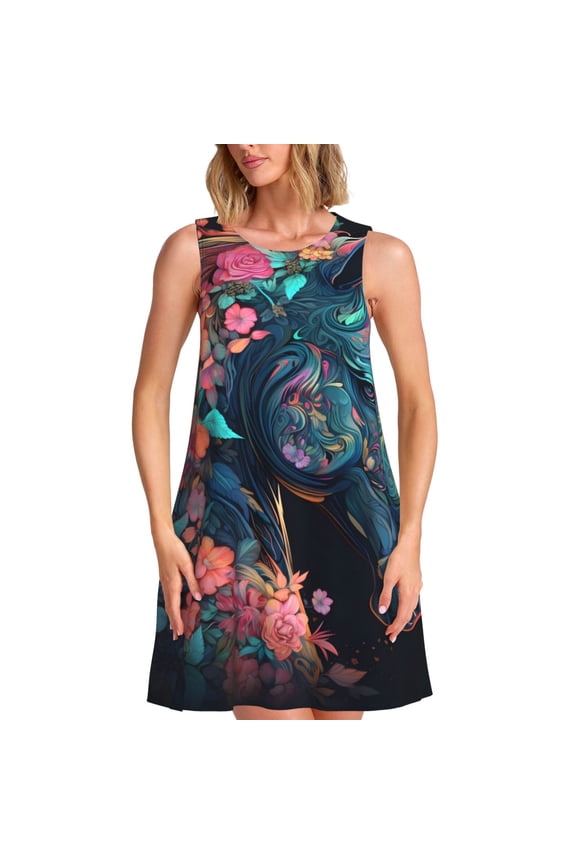 Colorful Floral Patterned Horse Print Women’s Sleeveless Midi Swing Dress – A-Line Pleated Tank Sundress, Comfortable and Flowy T-Shirt Dress