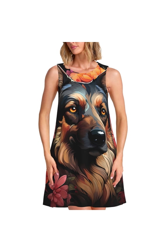 Colorful Flower German Shepherd Print Women’s Sleeveless Midi Swing Dress – A-Line Pleated Tank Sundress, Comfortable and Flowy T-Shirt Dress