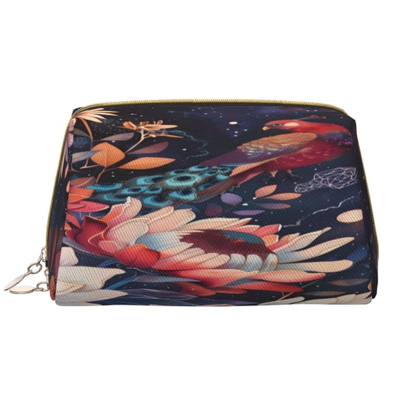 Picia Colorful Flower Peacock Print Leather Makeup Bag Make Up Bag Travel Toiletry Bag for Her Girlfriend Teacher Teen Girl Gifts