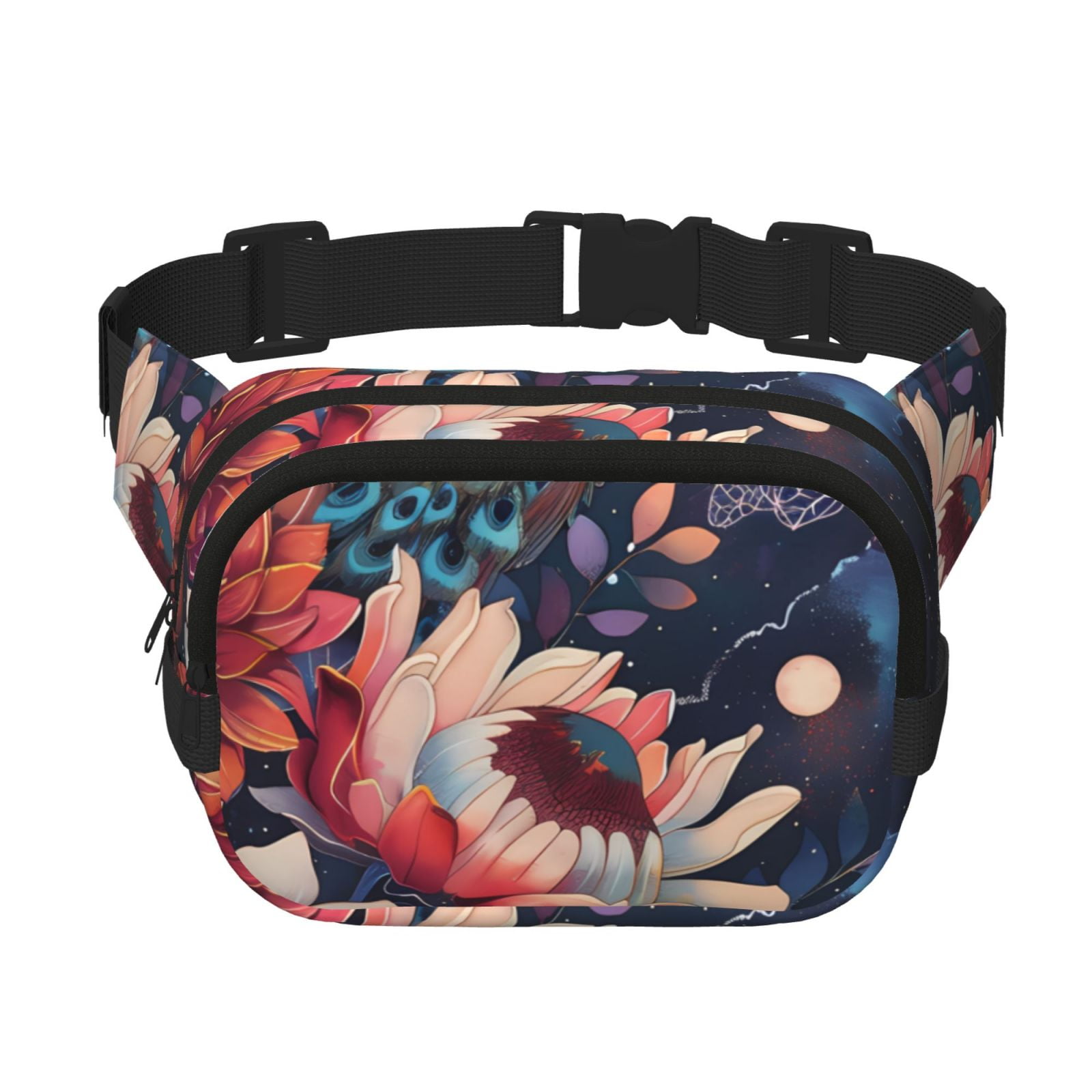 Picia Colorful Flower Peacock Print Square Double-Layer Waist Bag Mini Adjustable Waist Belt Bag Exercise Running Travel Hiking