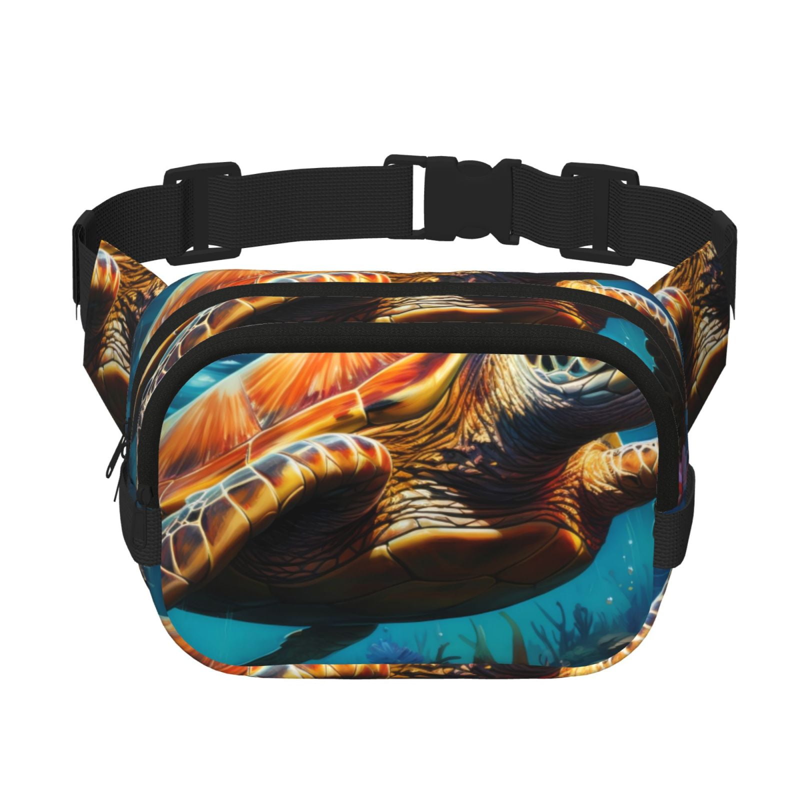 Picia Colorful Flower Sea Turtle Print Square Double-Layer Waist Bag Mini Adjustable Waist Belt Bag Exercise Running Travel Hiking