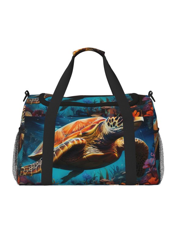 Colorful Flower Sea Turtle Print Travel Duffle Bag,Weekender Bags for Women with Shoe Compartment, Gym Duffel Bag with Wet Pocket, Hospital Bags for Labor and Delivery