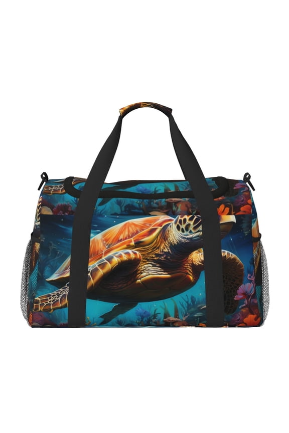 Colorful Flower Sea Turtle Print Travel Duffle Bag,Weekender Bags for Women with Shoe Compartment, Gym Duffel Bag with Wet Pocket, Hospital Bags for Labor and Delivery