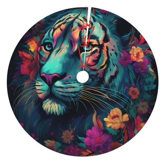Picia Colorful Flower Tiger Print Christmas Tree Skirt , Christmas Tree Skirt Ornaments for Merry Christmas Holiday Party Decorations Indoor Outdoor-30"