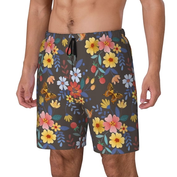 Picia Colorful Flowers with Butterfly pattern Mens Swim Trunks with Compression Liner Stretch Beach Shorts Quick Dry with Zipper Pockets No-Chafing Board Shorts-XX-Large