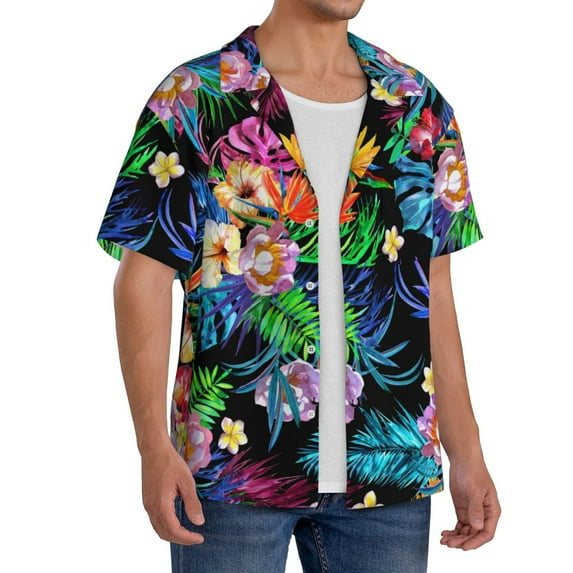 Picia Colorful Flowers Men's Linen Shirts Short Sleeve Cuban Beach Shirts Casual Shirts Button Down Shirt for Men Beach Summer Wedding Shirt-X-Large