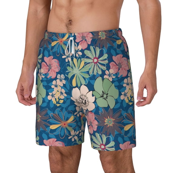 Picia Colorful Flowers pattern Mens Swim Trunks with Compression Liner Stretch Beach Shorts Quick Dry with Zipper Pockets No-Chafing Board Shorts-Large