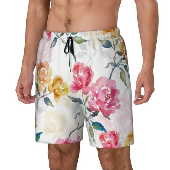 Picia Colorful Flowers pattern Mens Swim Trunks with Compression Liner Stretch Beach Shorts Quick Dry with Zipper Pockets No-Chafing Board Shorts-Medium