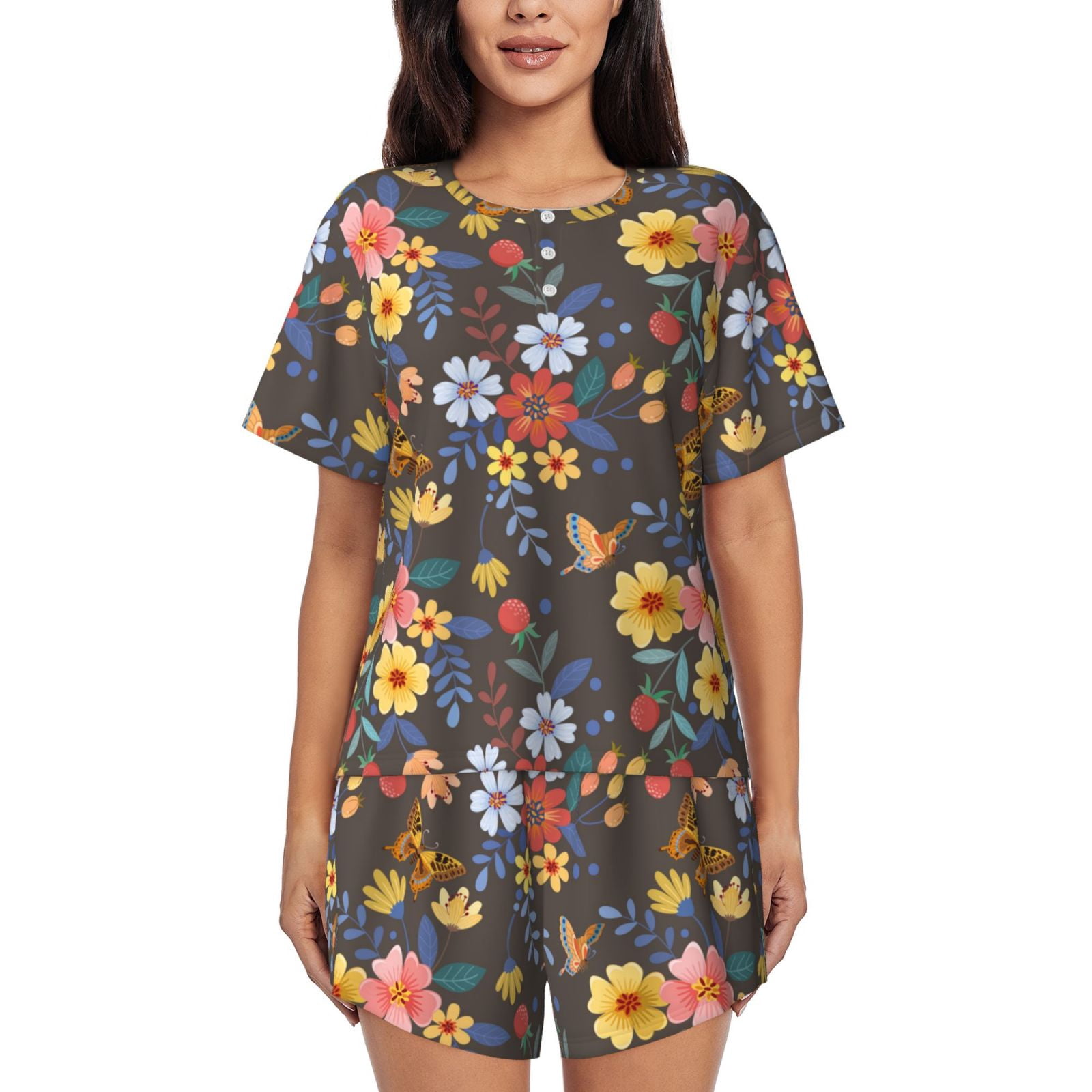 Pyjamas Colorful Picia Colorful Flowers with Butterfly Pajamas Sets for Women Soft Short ...