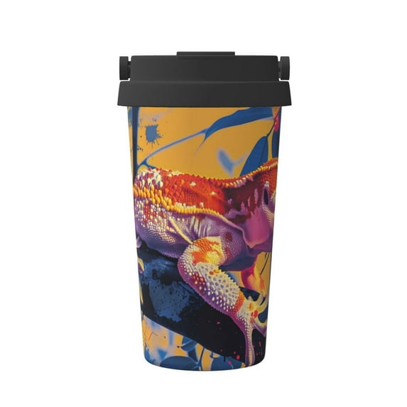Picia Colorful Gecko Jungle Art Pattern 500ml Carry Insulated Coffee Mug, Stainless Steel Travel Mug with Hidden Handle, Leak-Proof for Car, Office, Home, and Outdoor Use