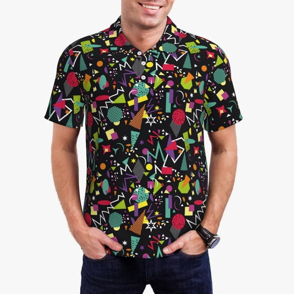 Picia Colorful Geometric Figures Print Men's Polo Shirt, Two-Button Closure Pique Polo Shirt, Summer Fashion Golf Shirt-X-Large