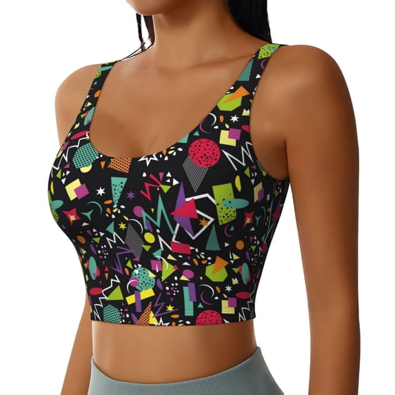 Picia Colorful Geometric Figures Sports Bra for Women,Padded Strappy Sports Bras Medium Support Yoga Bra with Removable Cups,Running Yoga Bra-XX-Large