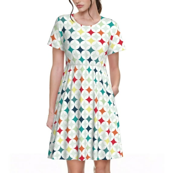 Picia Colorful Geometric Pattern Women's Short Sleeve Summer Dress Pleated Loose Swing Knee Length Short Sleeve Swing Dresses