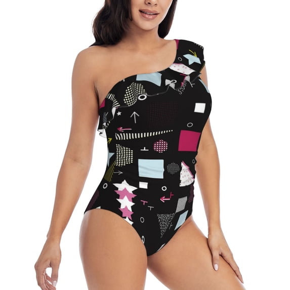 Picia Colorful Geometry Pattern Women's One Piece Swimsuits,One Shoulder Swimwear Asymmetric ,Ruffle Monokinis Bathing Suits,High Waisted Flattering Bathing Suits-Large