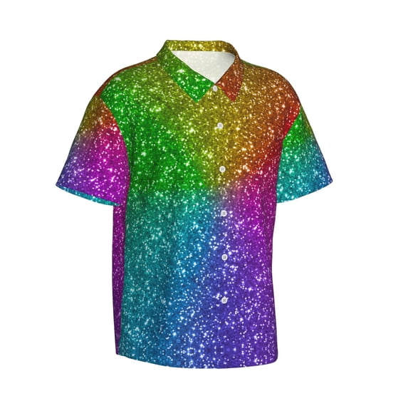 Picia Colorful Glitter Gentle Cotton Regular Fit Short Sleeve Casual Hawaiian Shirt for Men-X-Large